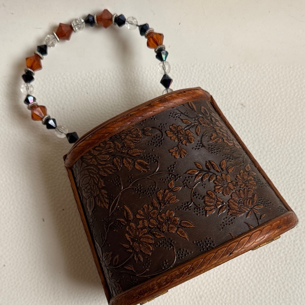 Brown Floral Embossed Mini Handbag with Beaded Handle - Picture 4 of 8